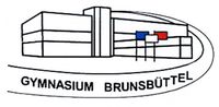 Logo des Gymnasiums Brunsbüttel, das ein stilisiertes Gebäude mit drei Flaggen und den Schriftzug des Schulnamens zeigt.