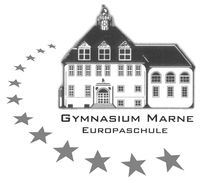 Logo des Gymnasiums Marne Europaschule, das ein historisches Schulgebäude mit einem Halbkreis aus Sternen zeigt.
