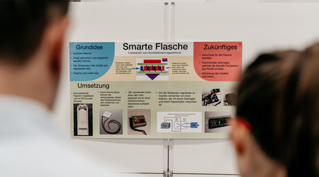Ein Poster mit dem Titel 'Smarte Flasche' erläutert die Grundidee, Umsetzung und zukünftige Entwicklung eines Projekts, während im Vordergrund zwei Personen das Poster betrachten.