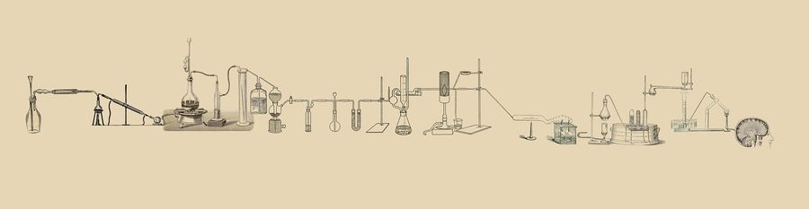 Schematische Darstellung einer Reihe von verbundenen Laborapparaturen und Glasgeräten, die zu einem Gehirn führen, angeordnet über die gesamte Breite des Bildes.