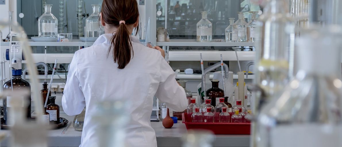 Rückansicht einer Person die in einem Labor an einer Laborbank experimentiert.